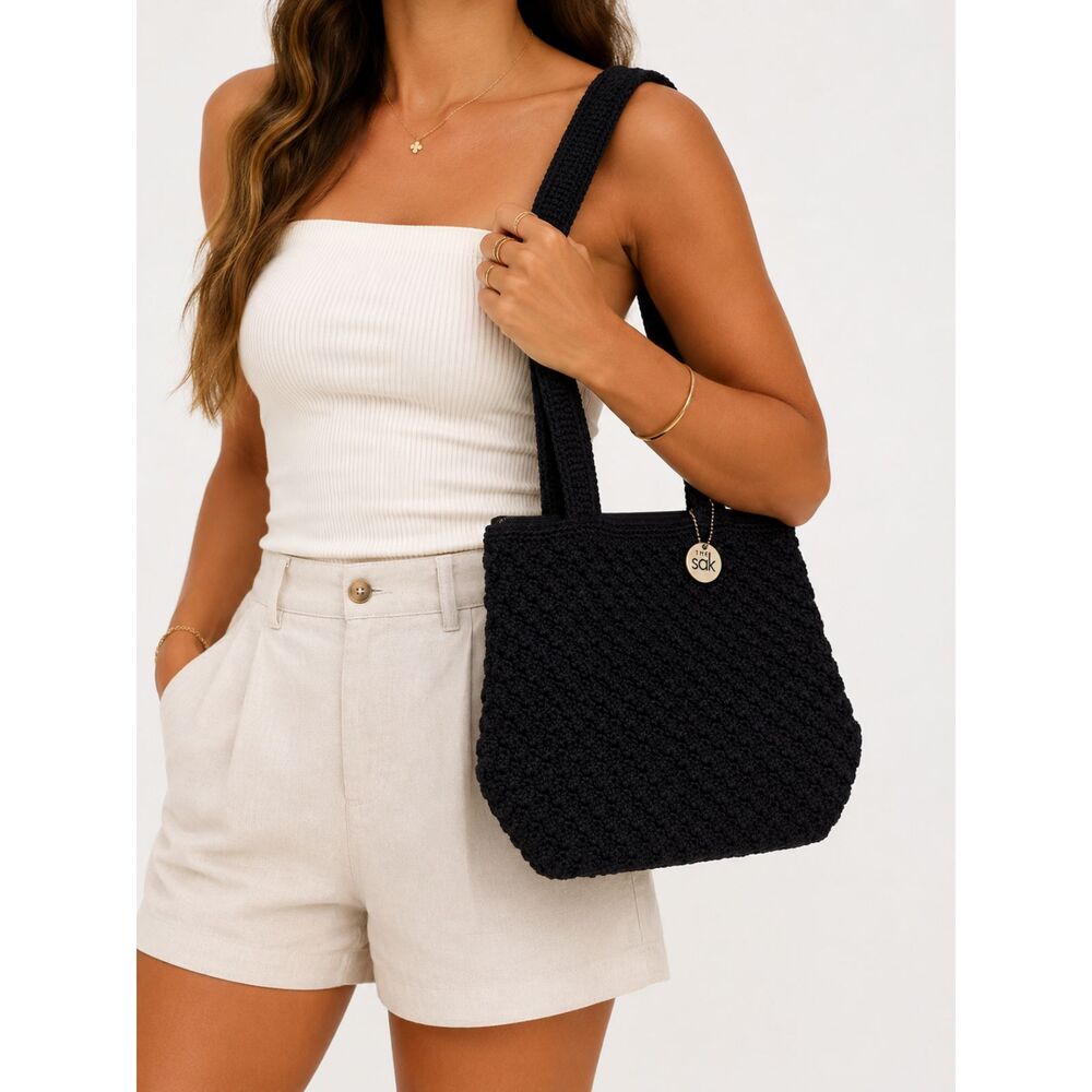 The Sak Black Crochet Knit Shoulder Bag Boho‎ Y2K Woven Tote Purse Zip Top NWOT